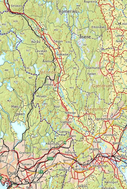 Figur 2. Oversiktskart som viser Nitelva fra Harestuvannet til Lillestrøm.