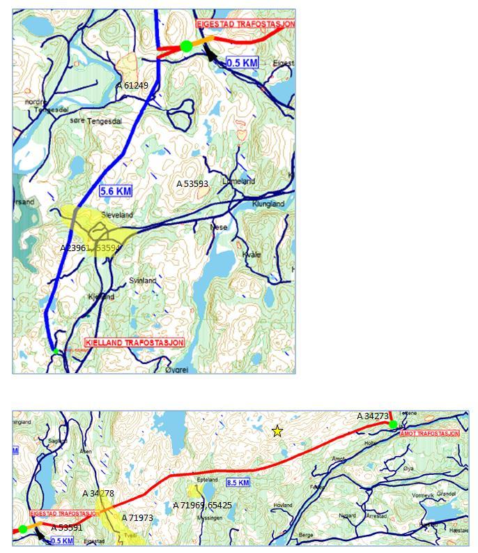 TEMAKART KULTURMINNER OG KULTURMILJØ - KRAFTLINJEN Blå linje: eksisterende linje Kielland trafo-eigestad trafo. Rød linje: ny luftledning Eigestad trafo-åmot trafo.