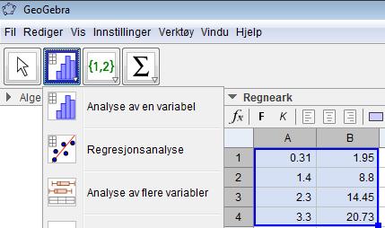 Å finne en lineær modell ved bruk av digitale verktøy Vi skal vise hvordan du kan bruke GeoGebra. Vi bruker samme datamateriale som ovenfor.