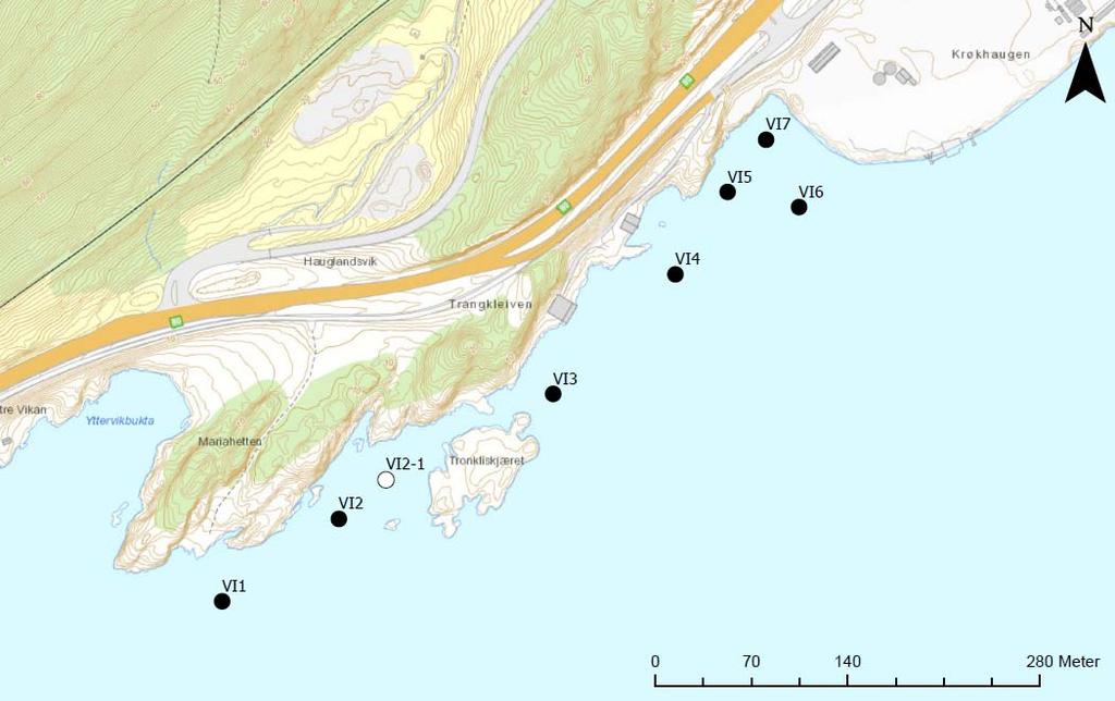 Vikan Industriområde Miljøundersøkelse av sjøbunnsedimenter multiconsult.no 3 Utførte miljøundersøkelser Figur 3-1: Plassering av prøvestasjoner, VI1-VI7.