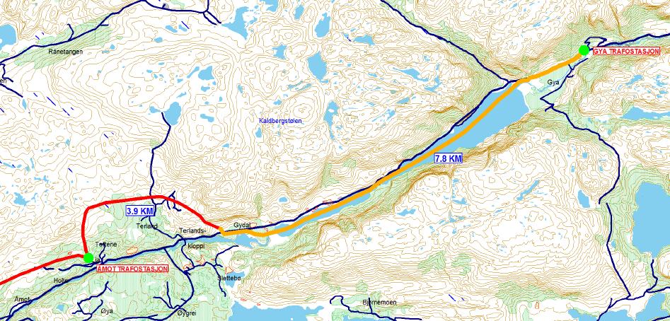 Figur 4-10. Nettilknytning mellom Gya og Åmot transformatorstasjoner i Hellelandsvassdraget (rød linje: 50 kv luftledning, gul linje: kabel). Kart fra Dalane energi IKS 15.2.2010. 4.7.