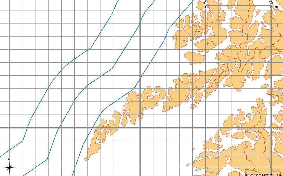 SOSI Produktspesifikasjon - 8 - Figur: Eksempel på rutenettinndeling for Lofoten - Rutenett for 10km x 10km (lysegrå linjer) og 50km x 50km (mørkegrå