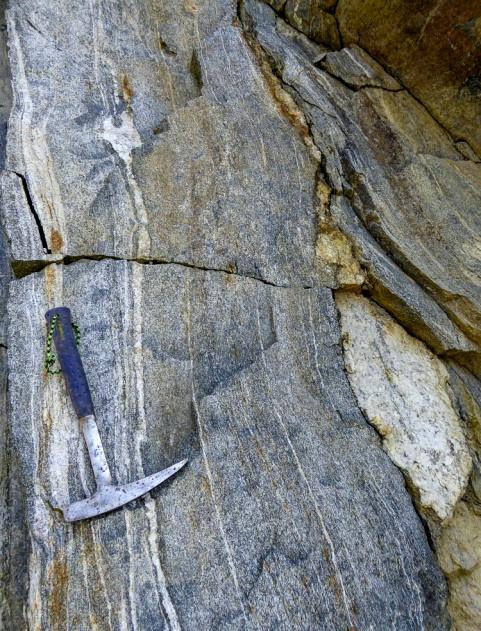 Gneisen har lyse bånd av kvarts og feltspat (både plagioklas og kalifeltspat) og mer dominerende grå biotittrike områder av granodiorittisk sammensætning.