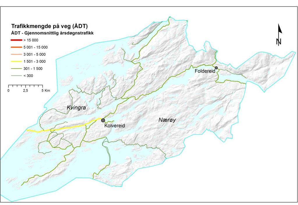 Fig. 1 Kart over Nærøy kommune som viser topografi og trafikkmengde på vegnettet. Berggrunnen i Nærøy området representerer den eldste delen av denne geologiske enheten som er dannet for ca.