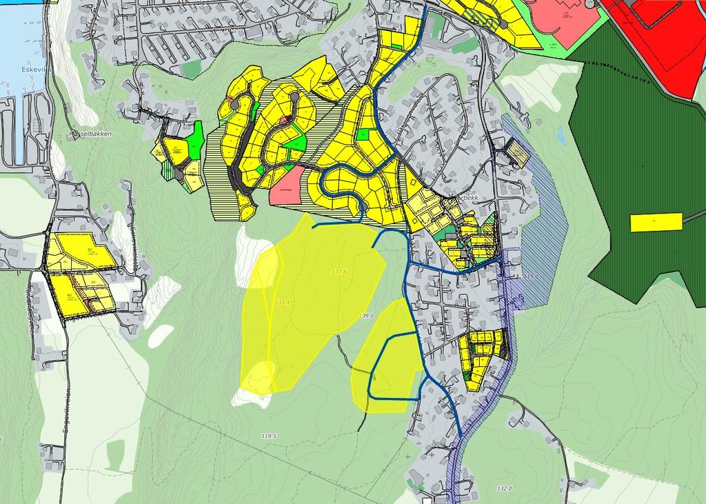 Kartet viser de foreslåtte områdene i forhold til gjeldende reguleringsplaner jf også tidligere Bø planteskole, der nyoppførte boliger nå