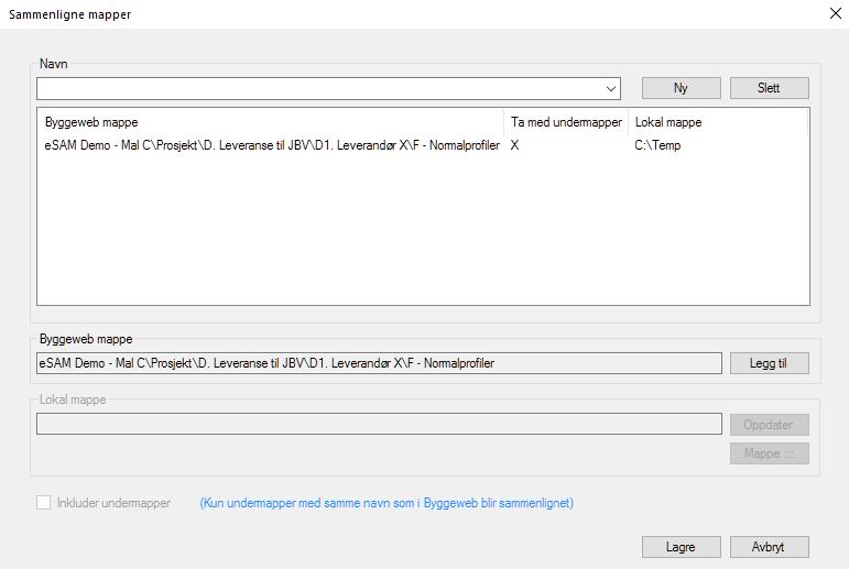 BIM2Share Extended Workspace: Brukerveiledning side 39/47 5.2.2 Oppsett av sammenligning mellom mapper Man definerer en sammenheng ved å velge mappe i esam/byggeweb Prosjekt og sette en sammenheng med en lokal mappe.