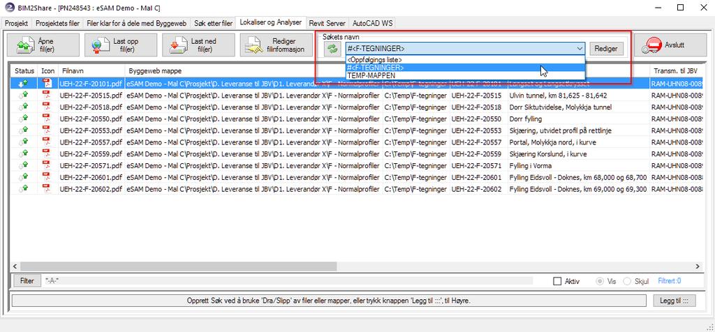 BIM2Share Extended Workspace: Brukerveiledning side 40/47 5.2.3 Resultat av sammenligning mellom mapper Trykk på fanen «Lokaliser og Analyser» for å finne nedtrekkslisten hvor du får tilgang til den definerte sammenligningsjobben.