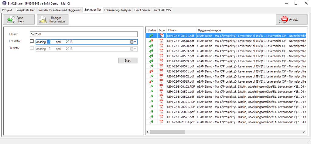 BIM2Share Extended Workspace: Brukerveiledning side 47/47 8. Velg søket i nedtrekkslisten. 9. Programmet viser status for hver enkelt fil.