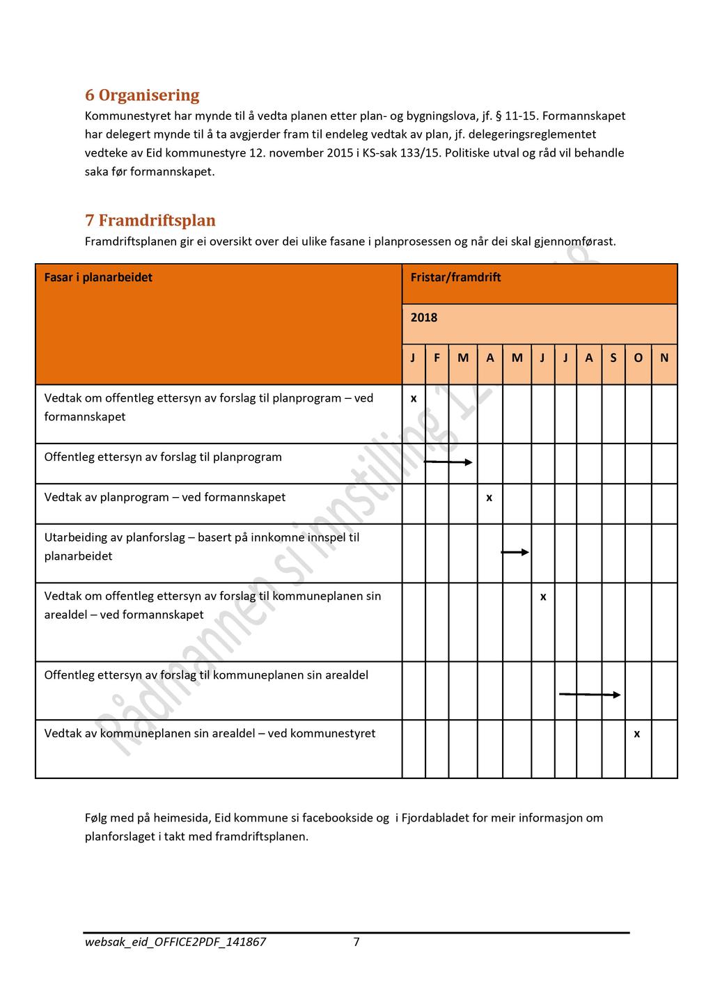 6 Organisering Kommunestyret har mynde til å vedta planen etter plan - og bygningslova, jf. 11-15. Formannskapet har delegert mynde til å ta avgjerder fram til endeleg vedtak av plan, jf.