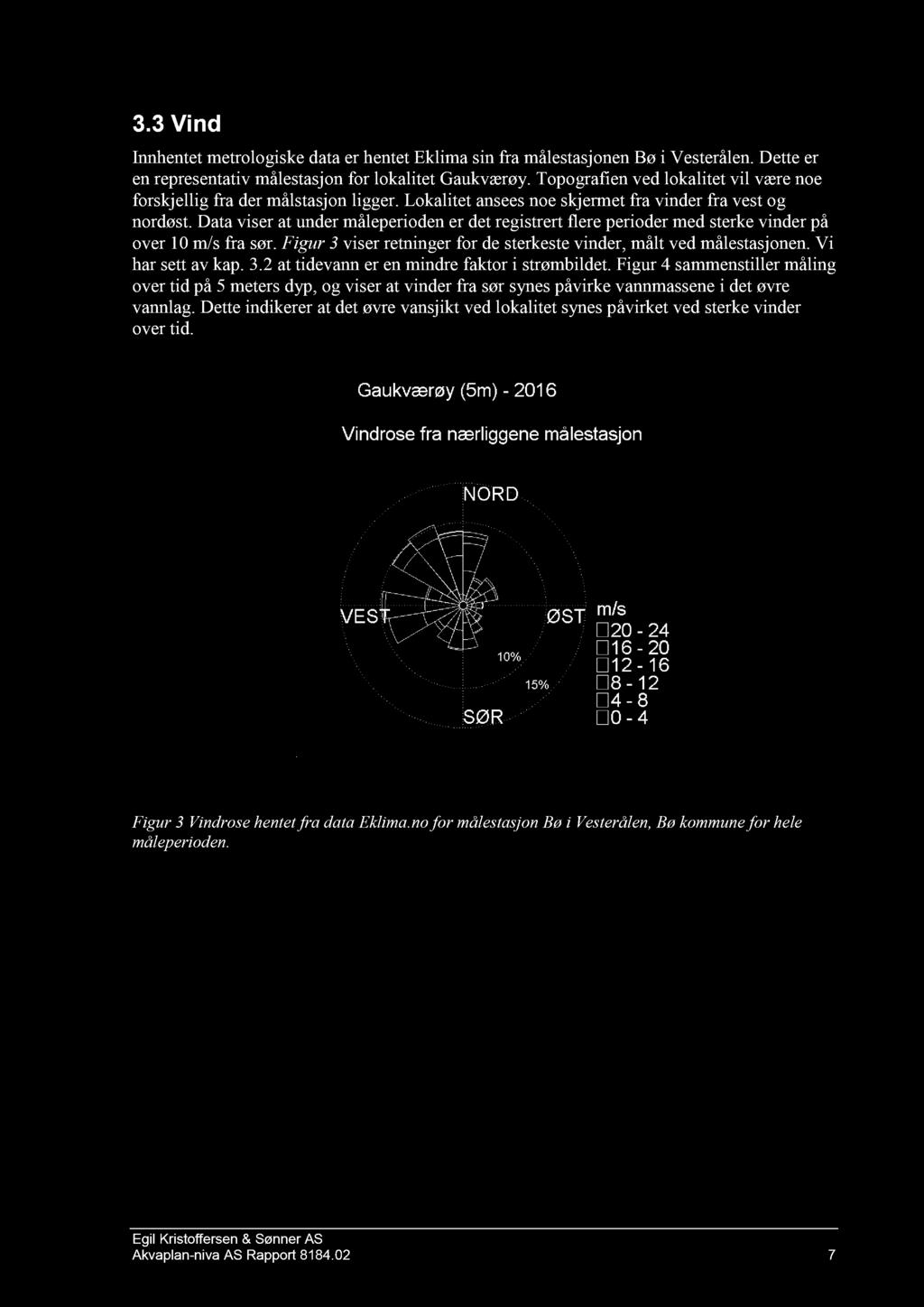 3.3 Vind Innhentet metrologiske data er hentet Eklima sin fra målestasjonen Bø i Vesterålen. Dette er en representativ målestasjon for lokalitet G aukværøy.