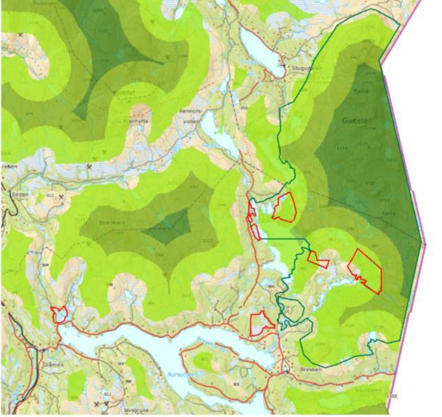 Figur 2. Kart over inngrepsfri natur i verneområdene i Skardsfjella og Hyllingsdal-området.