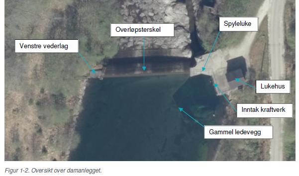 Kopi frå detaljplan med oversikt over damanlegget Venstre vederlag, Leinafoss dam.