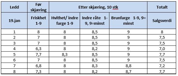 Lagring 2016-2017. Rotpersillen ble vurdert 19. januar og vurdert og tatt ut fra lager 8. mars. 19. januar ble 10 stk. tatt ut og skjært igjennom fra hver rute (3 per ledd).