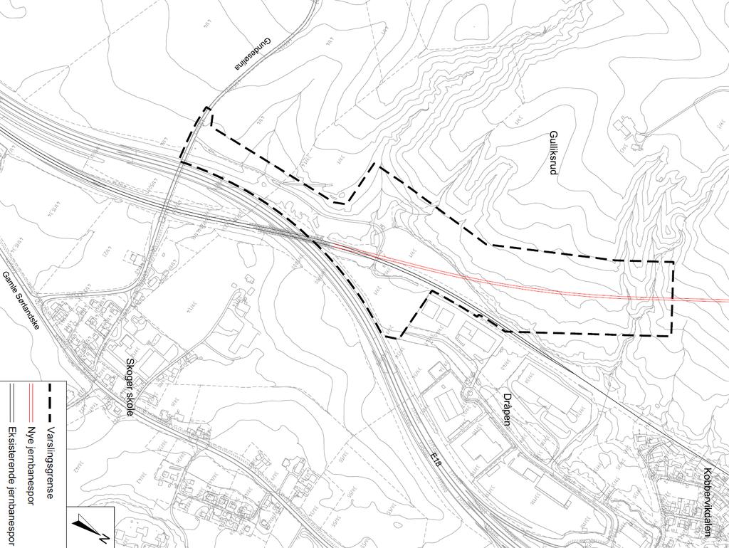 A. Formål med planen Bane NOR ønsker å omregulere en del av reguleringsplan 0602-398, Detaljreguleringsplan for InterCity-strekningen Drammen Kobbervikdalen, i området ved Gulliksrud i Skoger.