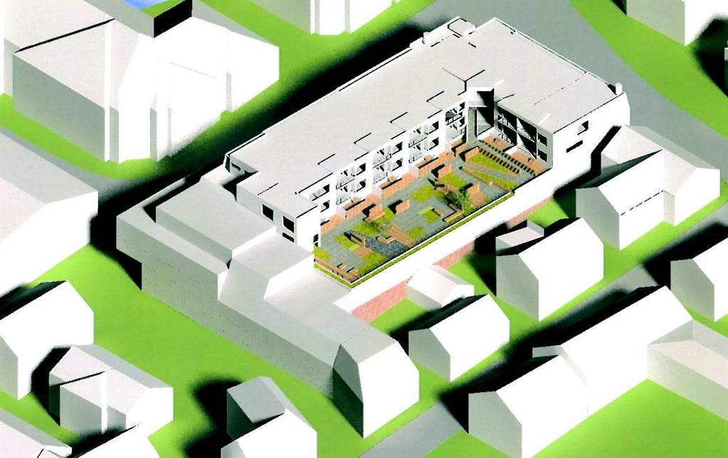 3D illustrasjon som viser at byggetrinn 2 trapper ned bebyggelsen mot eksisterende bebyggelse.