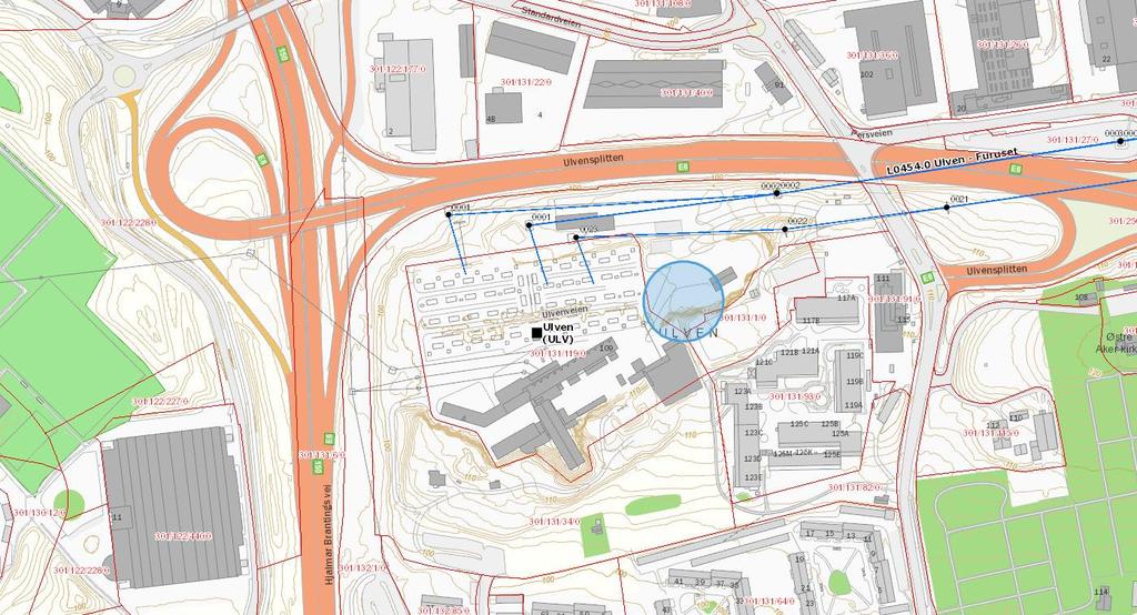 Figur 6: Blå sirkel angir plassering av tunnelpåhugg inne på stasjonsområdet på Ulven. For større og mer detaljert kart, se vedlegg 3.