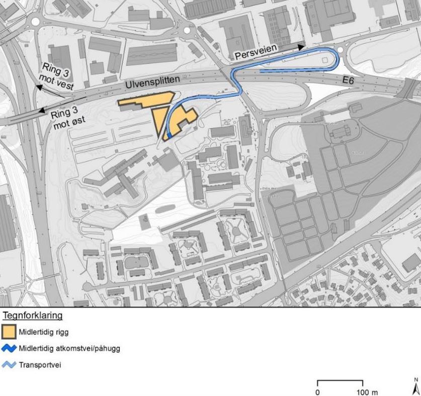 Figur 7: Planlagt riggområde og atkomstvei ved tverrslag Tåsen. Fra Ulven vil transporten gå via Ulvensplitten og videre ut på Ring 3 mot øst eller vest (Figur 8 og vedlegg 3).