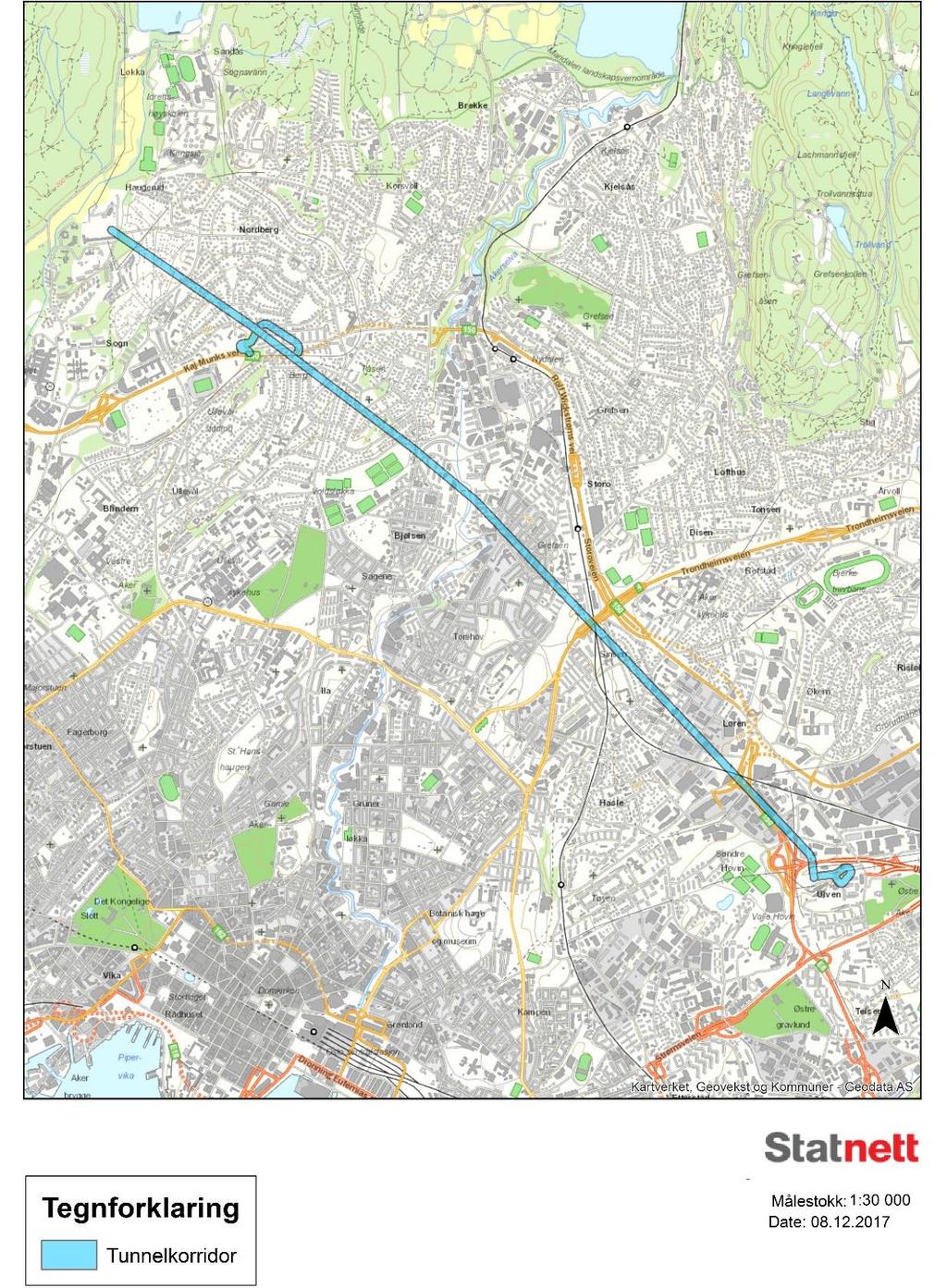 Figur 1: Aktuelt område for tunnelkorridor (med bredde 50 meter) mellom Sogn og Ulven transformatorstasjoner. Nøyaktig trasé er unntatt offentlighet i henhold til beredskapsforskriften 6-2e.