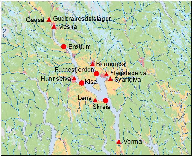 Prøvestasjoner dagens overvåkingsprogram Mjøsa: Hovedstasjonen, Skreia 3 supplementstasjoner: Brøttum, Kise og