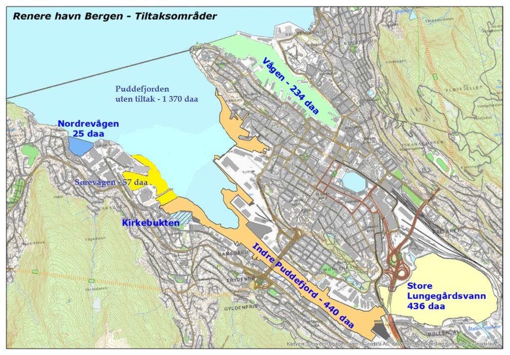 Figur 1 Oversikt over områdene som inngår i Renere Havn Bergen Tiltak i Puddefjorden skal gjennomføres i 2017 og 2018. Tiltak i Vågen vil gjennomføres etter at tiltak i Store Lungegårdsvann er utført.