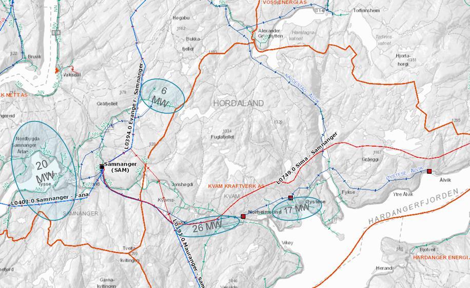 Figur 1. Nettet rundt Samnanger stasjon og områder hvor vi venter ny kraftproduksjon. Tabellen under gir en oversikt med mer detaljert informasjon om de planlagte kraftverkene. Tabell 2.