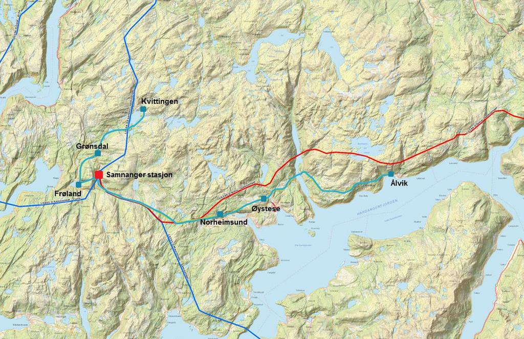 Figur 2. Kart over Samnanger stasjon og tilknyttet nett med 132 kv eller høyere spenning.