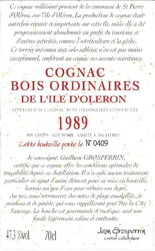 Cognac GROSPERRIN 1989 Île d'oleron Destillert i en Charentaise Alambic.