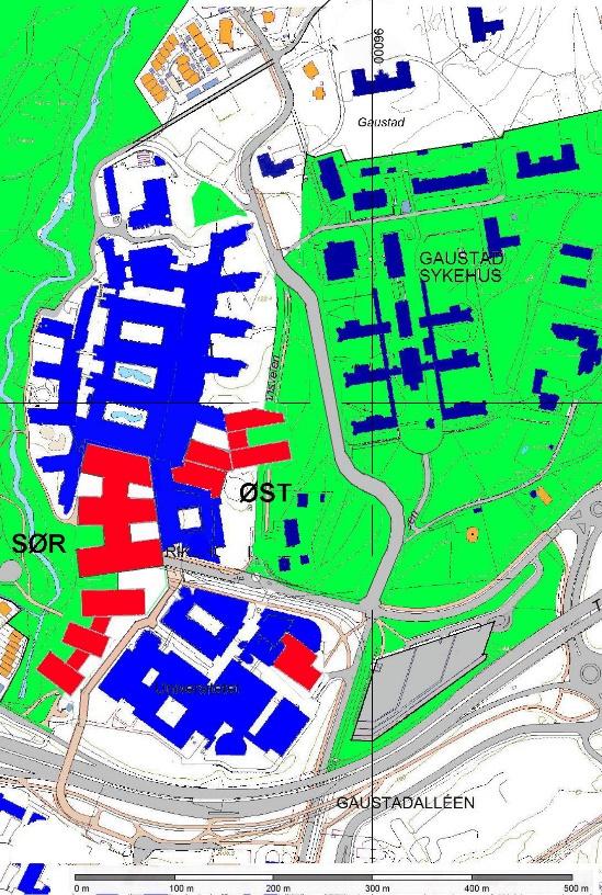 Figur 1. Gaustad sykehus (mørk blå) og de grønne arealene er enten fredet eller vernet. Utvidelse (rød) av Rikshospitalet ( blå): I ØST med 3-9 etasjer, i SØR med 8-14 etasjer.
