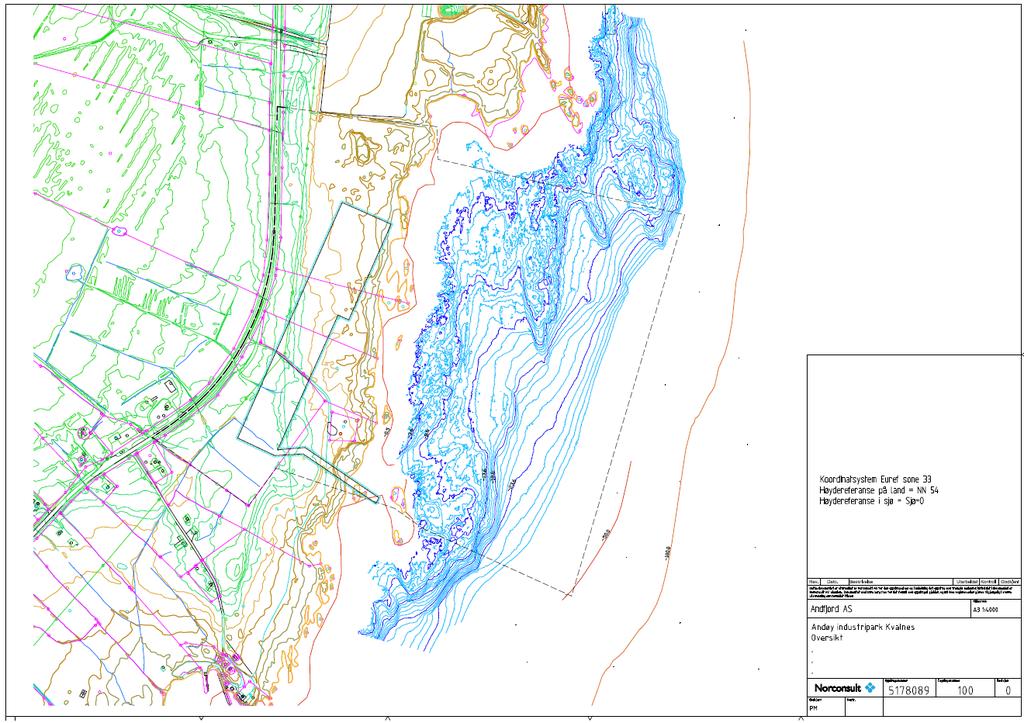 Figur 3 Lokale dybdemålinger utført for Andfjord AS (blått) inntegnet på topografisk kart Andre data Det er også benyttet data fra følgende kilder. 1.