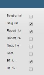 Page 14 of 18 Neste felt angir hvilke omsetningsresultater som skal vises: Her avkrysser du hva du vil ha med med de check-boksene du ønsker. Hvert felt vil bli presentert i egen kolonne.