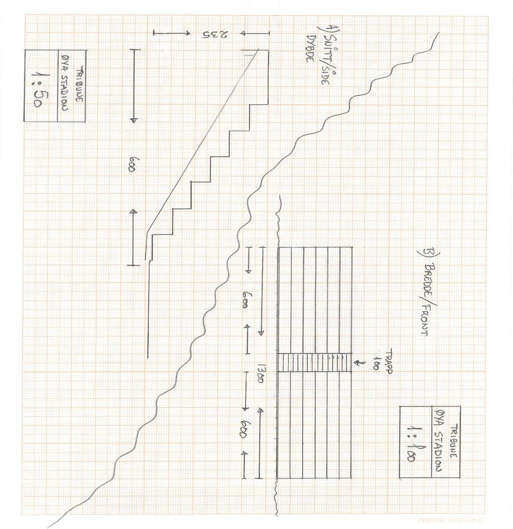 PLANSKISSER FOR DET PLANLAGTE BYGGET. Vi har utarbeidet en foreløpig og forenklet planskisse for en tretribune., jf. nedenfor. Planskissen beskriver konstruksjonen av en tribune på 13 meters lengde.
