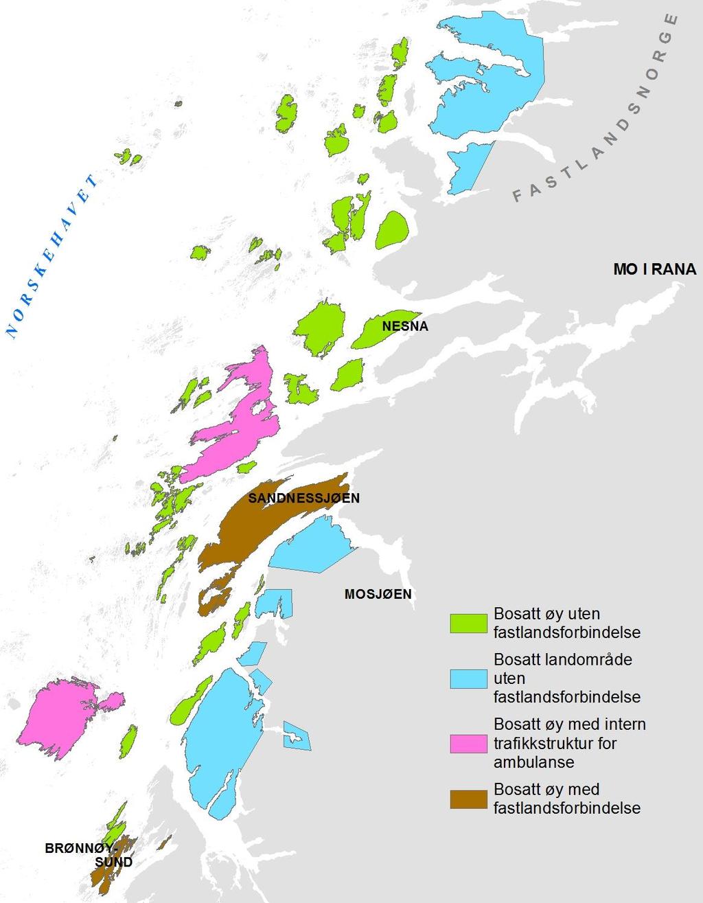 Ambulanseplan 205-2025 Fastlandsområder uten veiforbindelse som dekkes av båtambulanse er også skilt ut som egne områder.