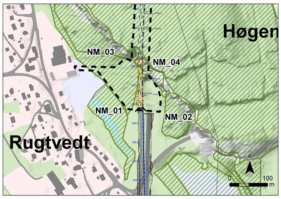 Figur 54 Kartlagte naturtypelokaliteter ved Rugtvedt - Høgenhei sør Planforslaget berører naturtypelokalitet NM_3 og NM_4 samt grenser inn mot naturtypelokalitet NM_1 og NM_2.