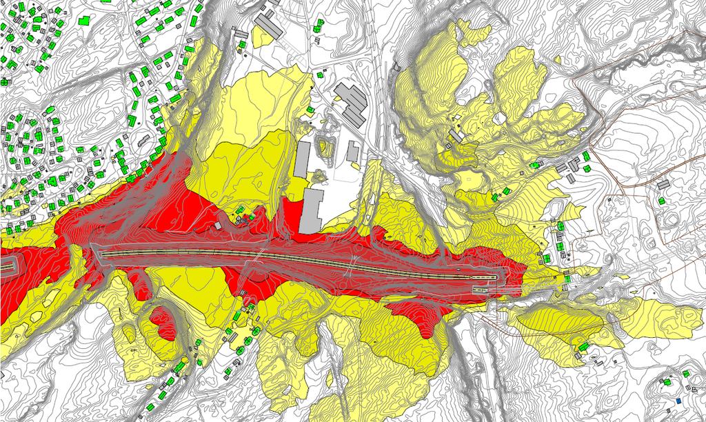 Støykartene viser gul og rød sone: Rød sone, nærmest støykilden, angir et område som ikke er egnet til støyfølsomme bruksformål og etablering av ny støyfølsom bebyggelse skal unngås.