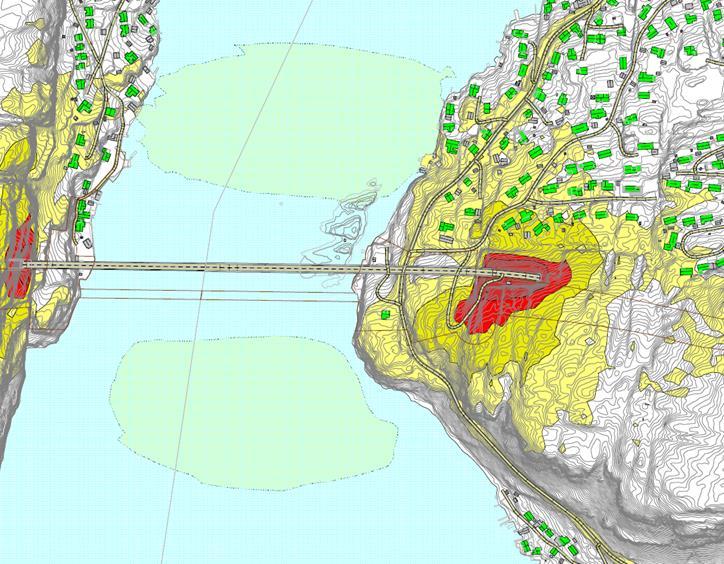 Én bolig nærmest vei lengst sør der ny veigeometri slutter ligger akkurat ikke innenfor gul sone fra den nye strekningen.