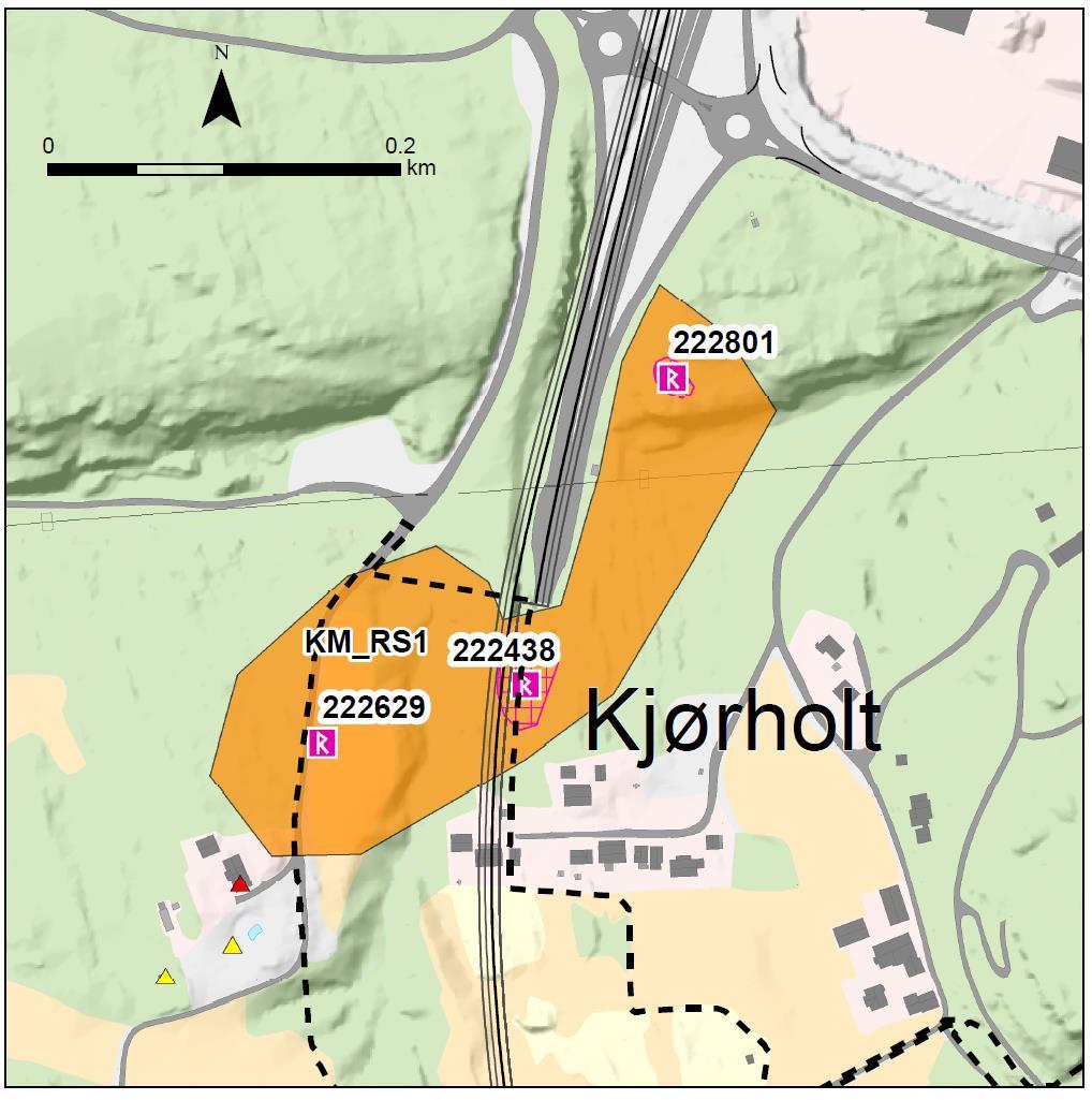 6.10.1 Kulturmiljø RS1 - Kjørholt Miljøet ligger på Kjørholt ved dagens nordlige tunnelmunning, og omfatter tre lokaliteter kjent i Askeladden (Id222801, Id222438 og Id222629).