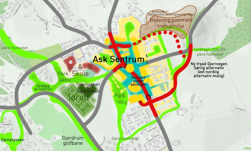 Sammenhengende grøntstruktur og infrastruktur som innordner seg denne En mulighet for å skape et mer bilfritt sentrum kan være å legge deler av fv. 120 i kulvert gjennom deler av sentrum.