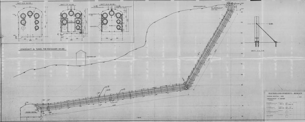 Figur 11: Lengdesnitt av røyktunnel under planområdet. Omtrentlig plassering av eksisterende terrassebygg er påtegnet med svart firkant (ikke i skala).