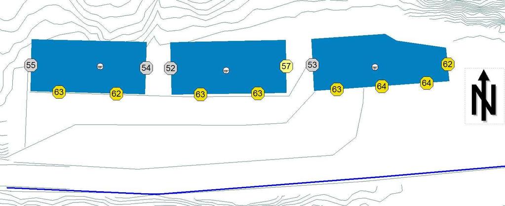 Figur 8 Etasjeplan 3. Alle støynivå er lik L den = 60 db eller lavere. Figur 9 Etasjeplan 4. Alle støynivå er lik L den = 64 db eller lavere. NB: Bygget er planlagt med 3 etasjer og en inntrukket 4.