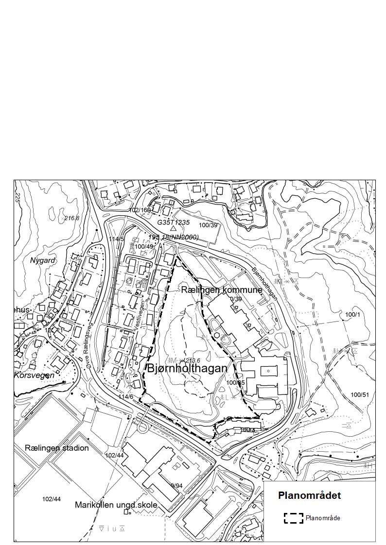 3 2 Utbyggingsplan Området ligger sentralt på Fjerdingby i Rælingen og utgjør en skogkledd kolle omgitt av veger og bybyggelse. Figur 2-1 Skisse for de planlagte utbyggingsområdet.