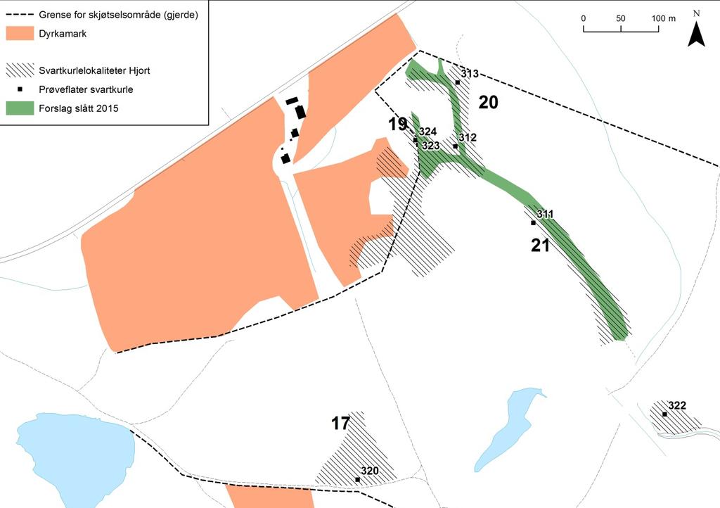 Figur 1. Skjøtselsområdet på Per Hjorts eiendom sør for Sølendet. Plassering av faste prøveflater og angivelse av felt med svartkurle. For 2015 foreslås beiting på samme nivå som før 2013, evt.