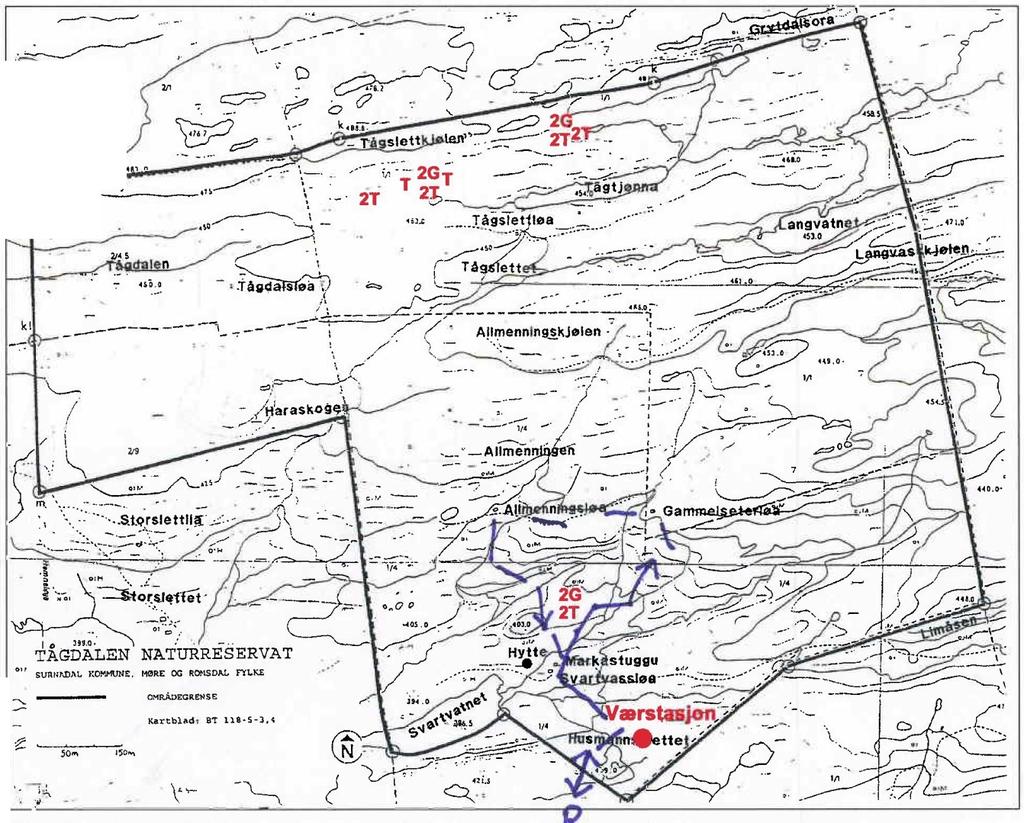 Figur 1. Kart over Tågdalen naturreservat (markert strek) med nærmeste omgivelser. Fra kartblad M711, 1421 II.