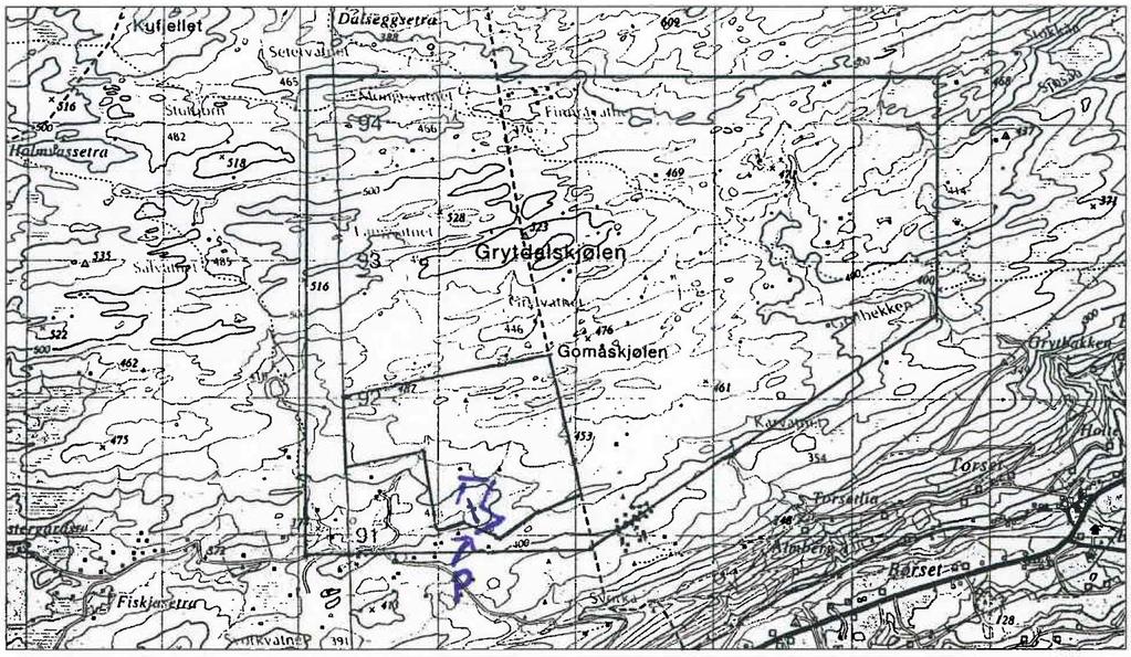 Kart over Tågdalen naturreservat med eiendomsgrense navn og lokaliteter for høyløer, værstasjon,