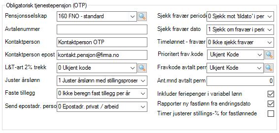 Informasjon er generell for valgte pensjonsselskap, men må settes som aktiv for hvert enkelt firma. Dette kan også gjøres ved å velge pensjonsselskap under systemparametre.