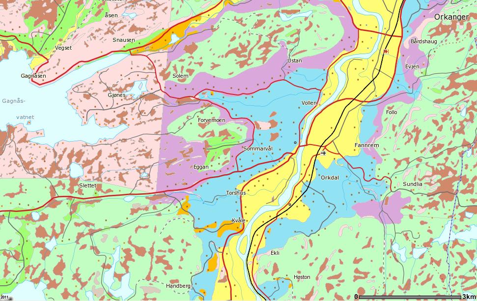 Grunnvannsundersøkelser langs Orkla 16 4 KVARTÆRGEOLOGI Grunnvannsforekomstene finner man i både elv og breelvavsetninger (hhv. i gult og orange i figur 6).