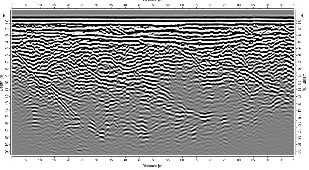 Grunnvannsundersøkelser langs Orkla 26 Profil 1 viser tydelig skrålag som flater ut fra ca. 10 meter (figur 17). Strukturene viser en viss grad av regelmessighet og orientering på skrålagene.