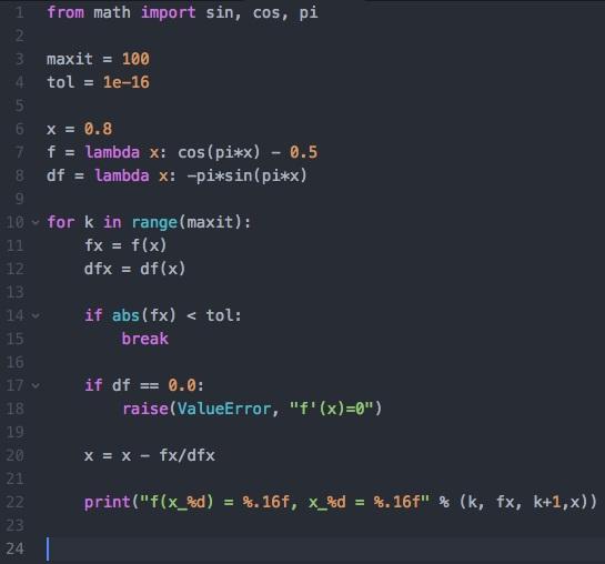 Illustrasjonen viser et Pythonskript som bruker Newtons metode for å løse likningen Det er mange løsninger til denne likningen, for eksempel for alle heltall. Studér skriptet nøye.