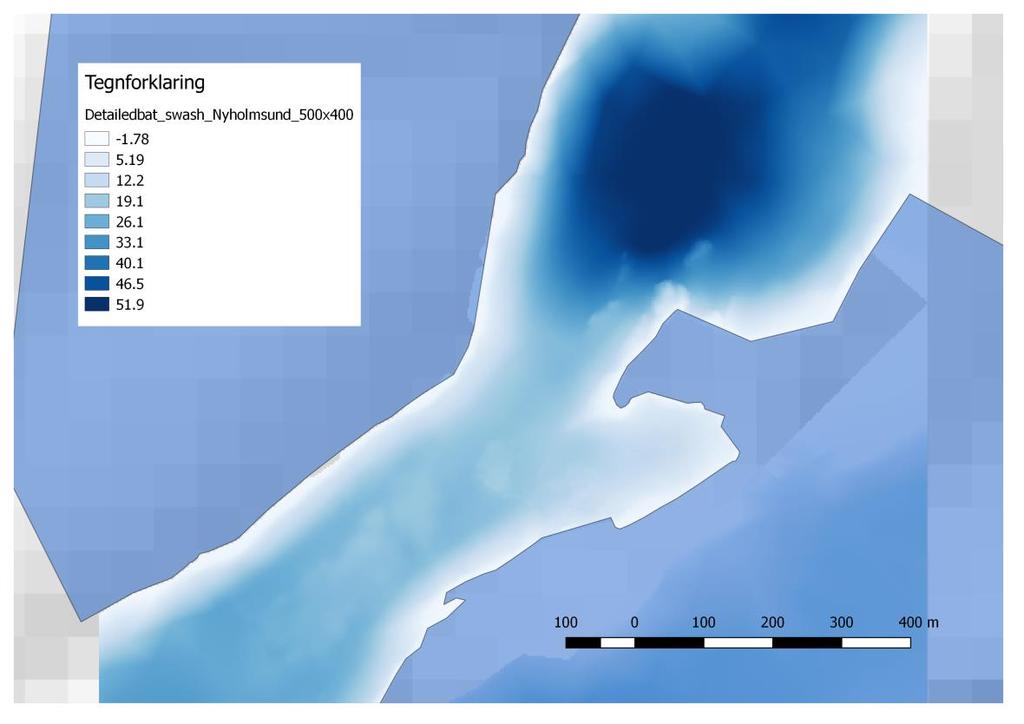 9 > Figur 6 Modell for batymetri i Nyholmsundet Detaljbatymetrien prosesseres slik at den passer som input for bølgemodellen.