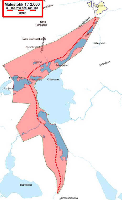 Kartet viser planlagt vei og dekningsområdet til veien. Rødt område er skogbevokst areal, mørkere blått myr og lysere blått vann.