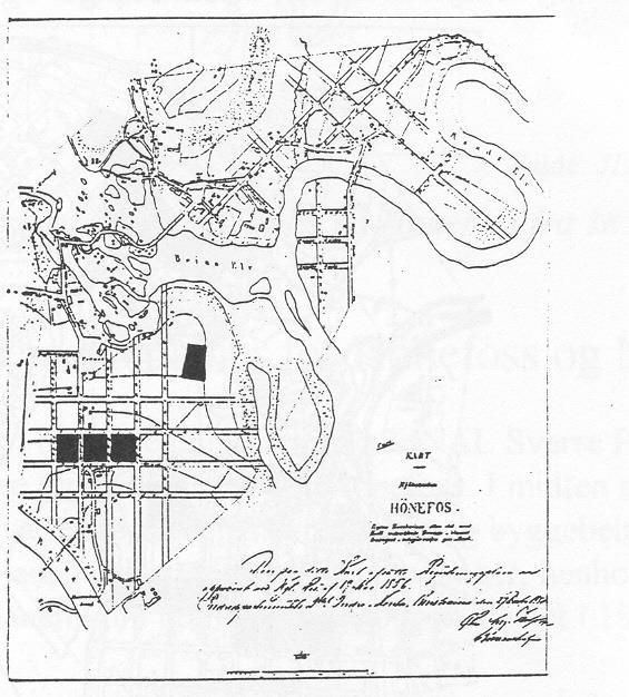 Hønefoss første reguleringsplan med friområder inntegnet Kjøpstad 1852 Første reguleringsplan 1856 (rutenettplan uten hensyn til terreng og naturelementer f.eks.